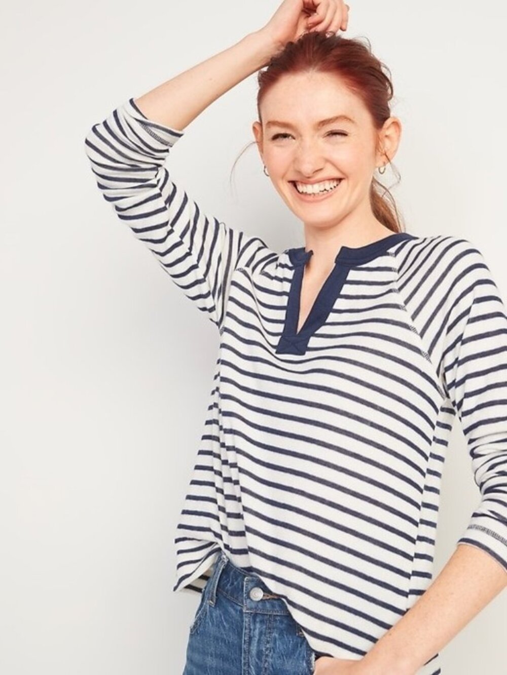 Old Navy Stripe Loose Split Neck Top Jersey Knit Raglan Sleeve Navy Blue Size XL